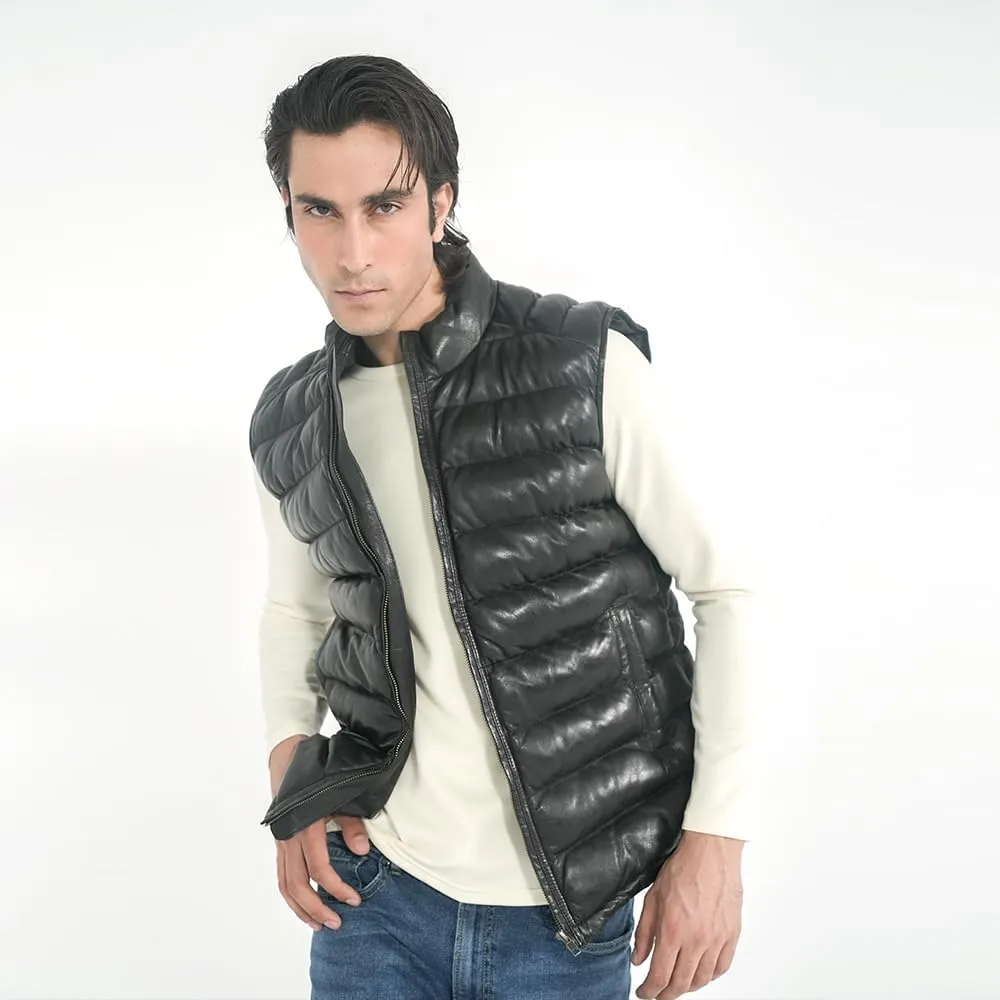 STREGA Puffer Vest Men Real Lambskin Leather Quilted Down Waistcoat Jacket - Outdoor Sleeveless Mens Vests