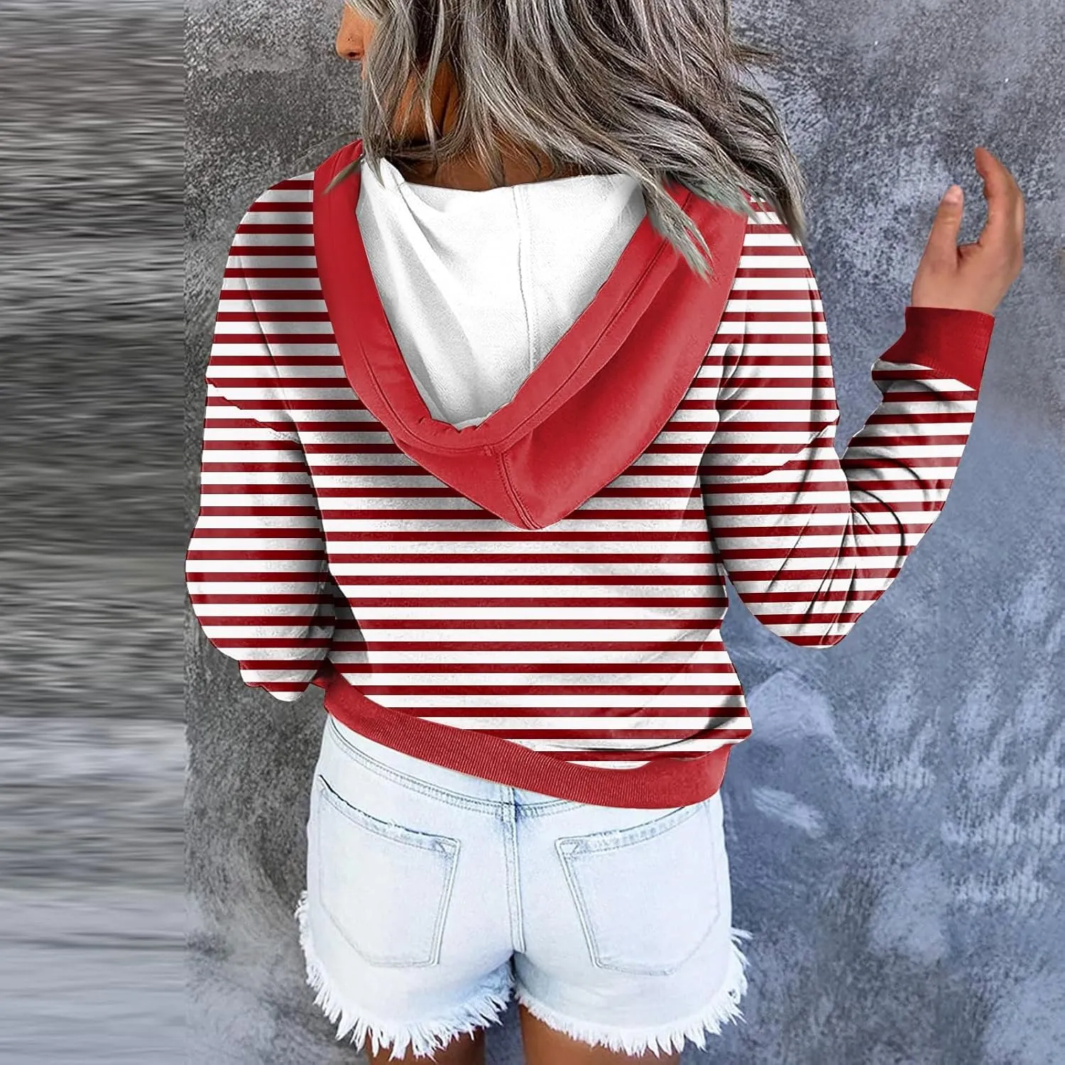 Striped Hooded Sweatshirt for Women Quarter Button Down Drawstring Hoodies Casual Long Sleeve Pullover with Pockets