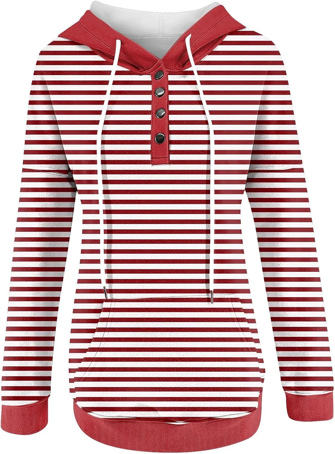 Striped Hooded Sweatshirt for Women Quarter Button Down Drawstring Hoodies Casual Long Sleeve Pullover with Pockets