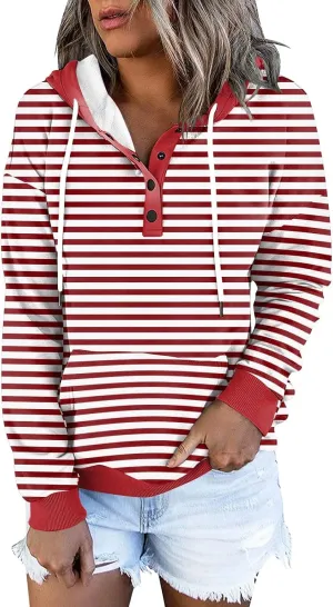 Striped Hooded Sweatshirt for Women Quarter Button Down Drawstring Hoodies Casual Long Sleeve Pullover with Pockets