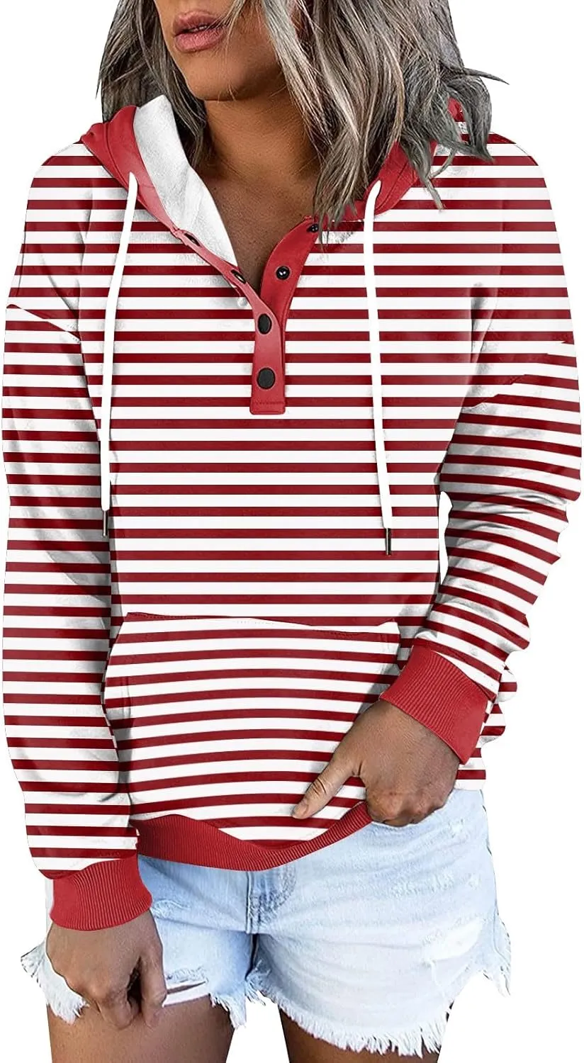 Striped Hooded Sweatshirt for Women Quarter Button Down Drawstring Hoodies Casual Long Sleeve Pullover with Pockets