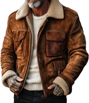 Suede Jacket for Men Warm Outdoor Vintage Patchwork Pocket Plush Reversed Collar Western Jackets Coat for Men