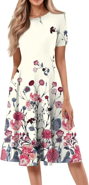 Summer Dresses for Women 2025 Midi Short Sleeve Crew Neck Sundress Elegant Pleated with Side Pockets A Line Outfits