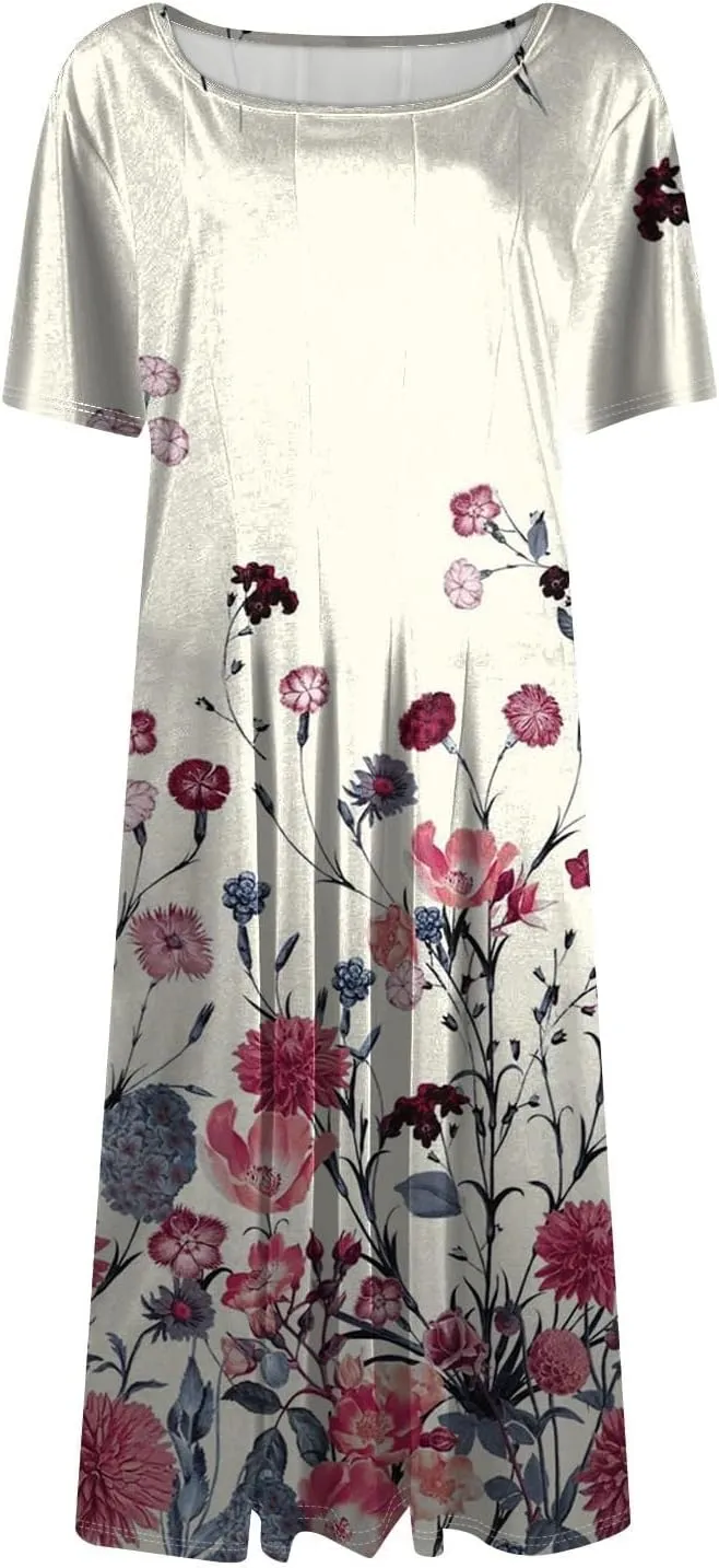 Summer Dresses for Women 2025 Midi Short Sleeve Crew Neck Sundress Elegant Pleated with Side Pockets A Line Outfits
