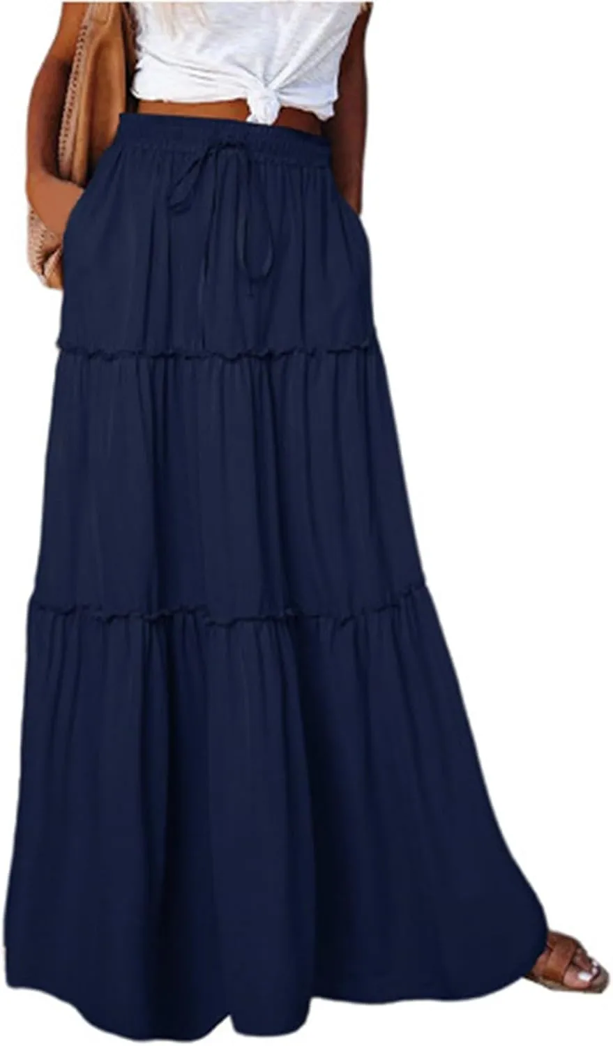 Summer Skirts for Women 2025 Vacation Pleated Long Skirt Maxi Length Tiered Swing Flowy Boho Beach Outfits w/Pockets