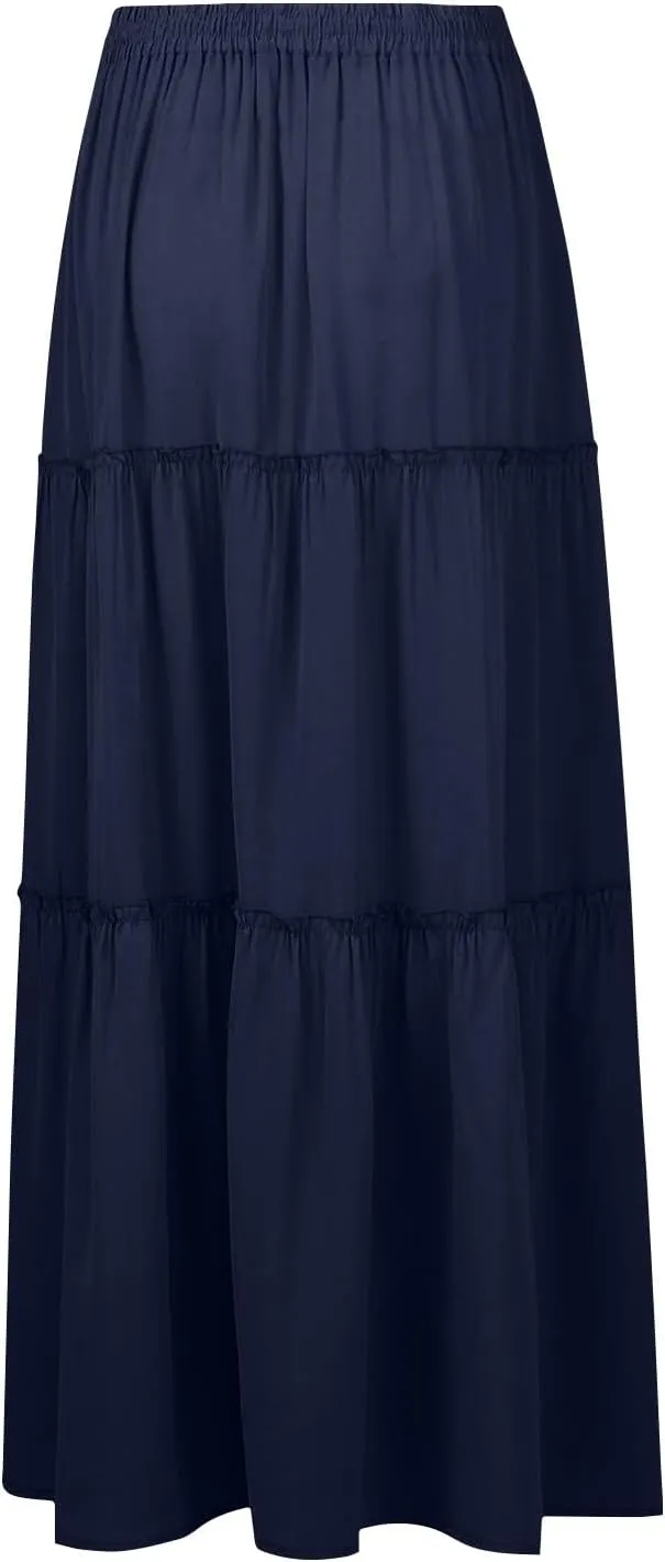 Summer Skirts for Women 2025 Vacation Pleated Long Skirt Maxi Length Tiered Swing Flowy Boho Beach Outfits w/Pockets