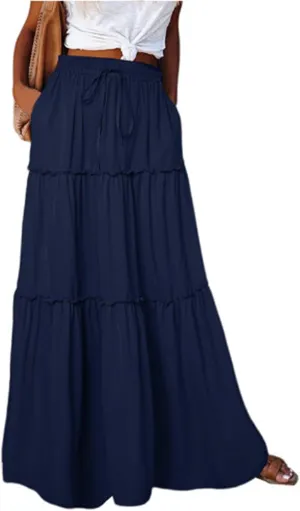 Summer Skirts for Women 2025 Vacation Pleated Long Skirt Maxi Length Tiered Swing Flowy Boho Beach Outfits w/Pockets