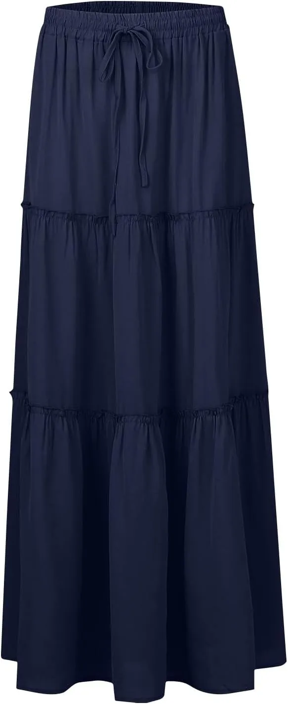 Summer Skirts for Women 2025 Vacation Pleated Long Skirt Maxi Length Tiered Swing Flowy Boho Beach Outfits w/Pockets
