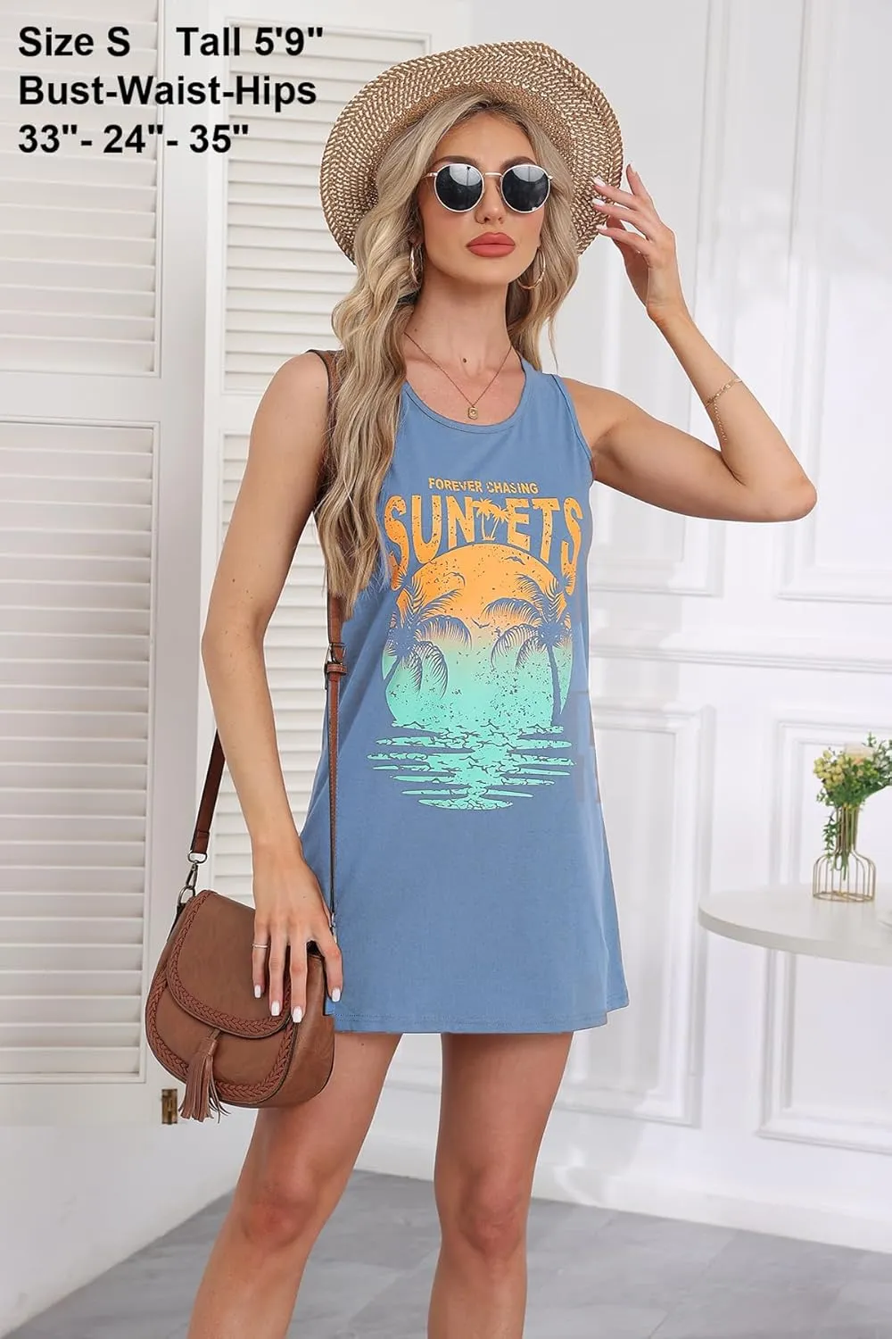 Summer Tank Dress for Women Sunset Graphic Beach Vacation Sundress