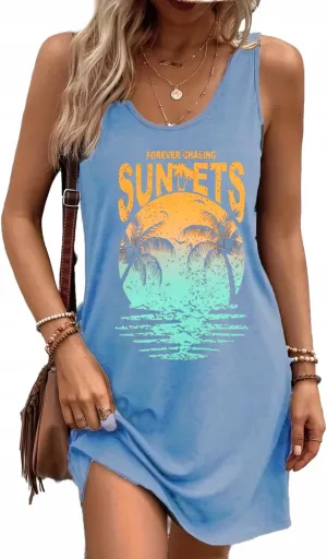 Summer Tank Dress for Women Sunset Graphic Beach Vacation Sundress