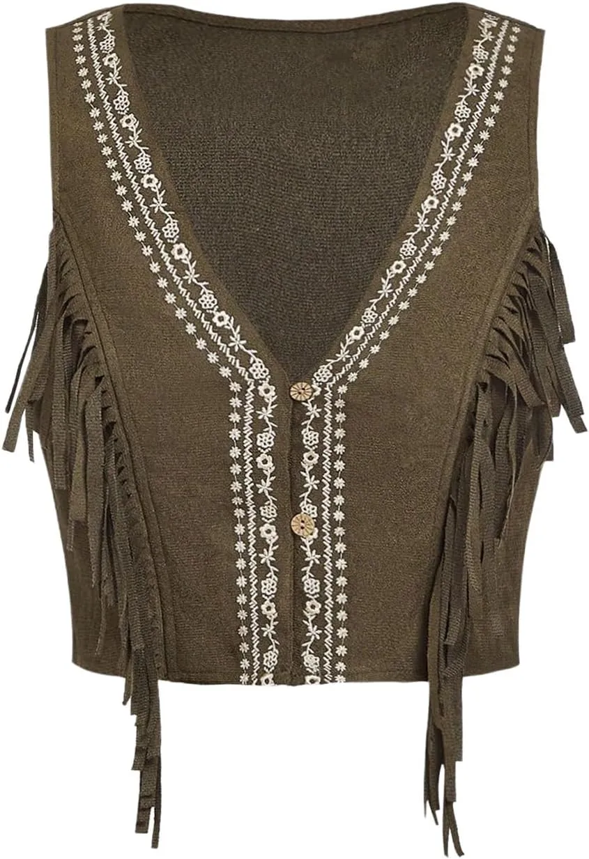 SweatyRocks Women's Fringe Sleeveless Vest Floral Embroidered 70s Hippie Crop Jacket Cardigan