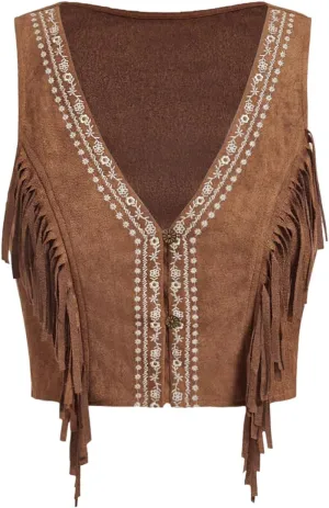 SweatyRocks Women's Fringe Sleeveless Vest Floral Embroidered 70s Hippie Crop Jacket Cardigan