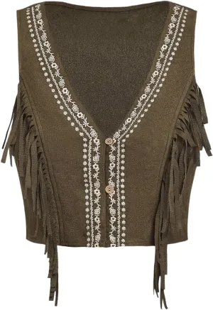 SweatyRocks Women's Fringe Sleeveless Vest Floral Embroidered 70s Hippie Crop Jacket Cardigan