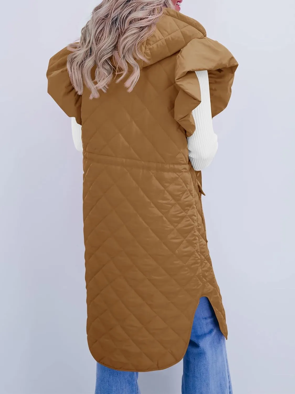 Tankaneo Womens Long Puffer Vests Fashion Ruffle Sleeve Quilted Gilet Coats Winter Hooded Down Jacket Vest