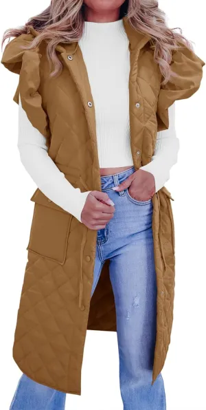 Tankaneo Womens Long Puffer Vests Fashion Ruffle Sleeve Quilted Gilet Coats Winter Hooded Down Jacket Vest