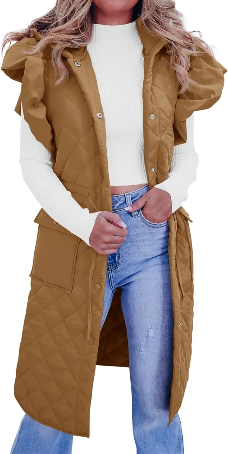 Tankaneo Womens Long Puffer Vests Fashion Ruffle Sleeve Quilted Gilet Coats Winter Hooded Down Jacket Vest