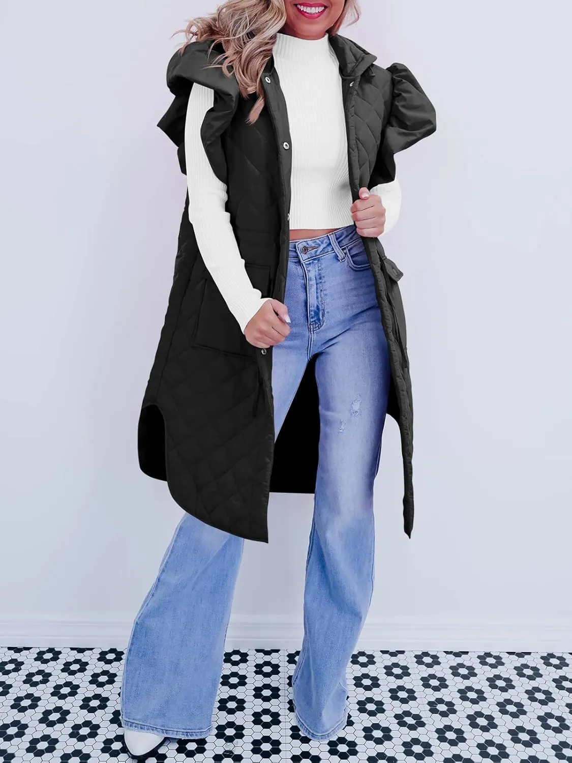 Tankaneo Womens Long Puffer Vests Fashion Ruffle Sleeve Quilted Gilet Coats Winter Hooded Down Jacket Vest