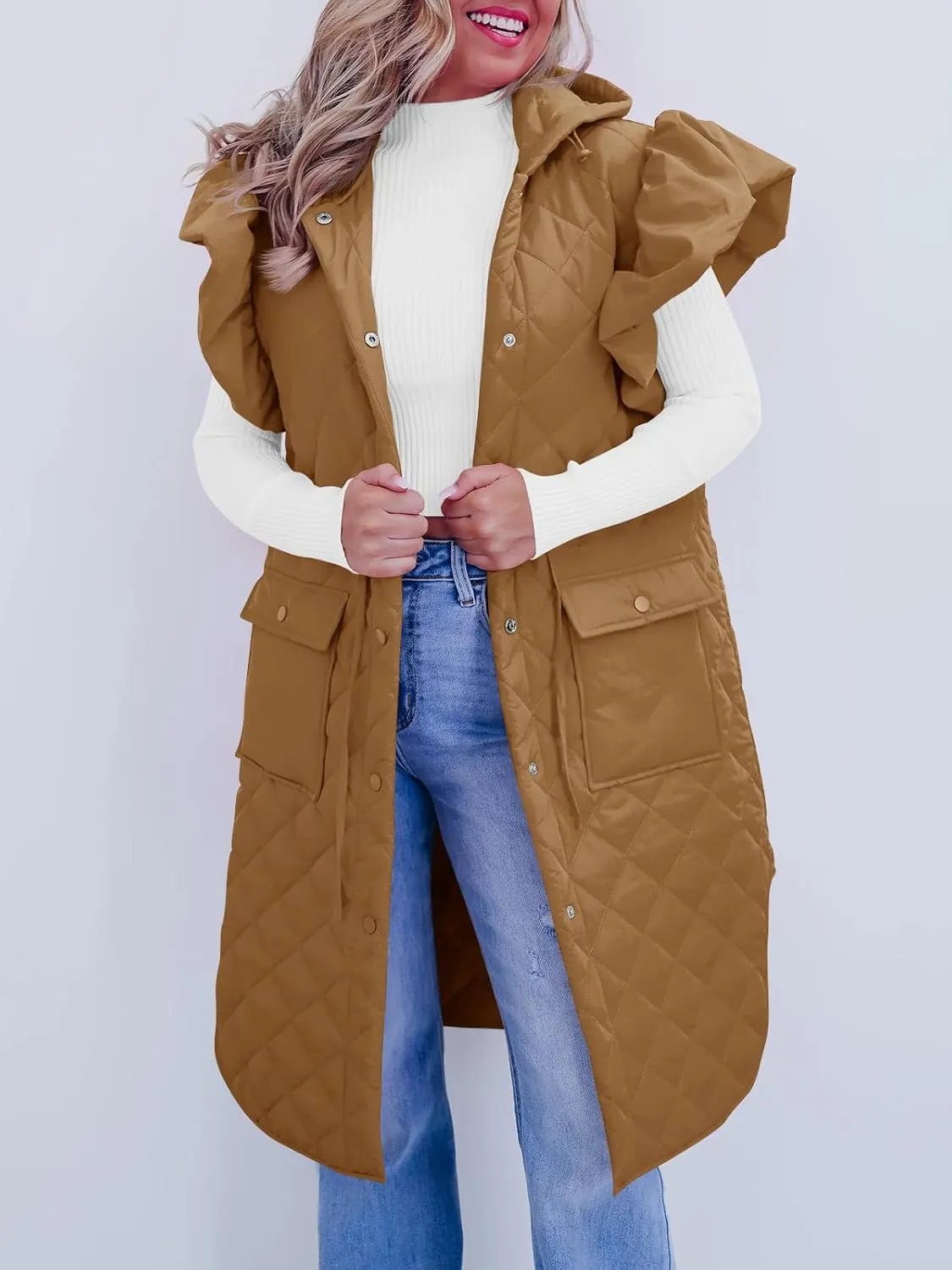Tankaneo Womens Long Puffer Vests Fashion Ruffle Sleeve Quilted Gilet Coats Winter Hooded Down Jacket Vest