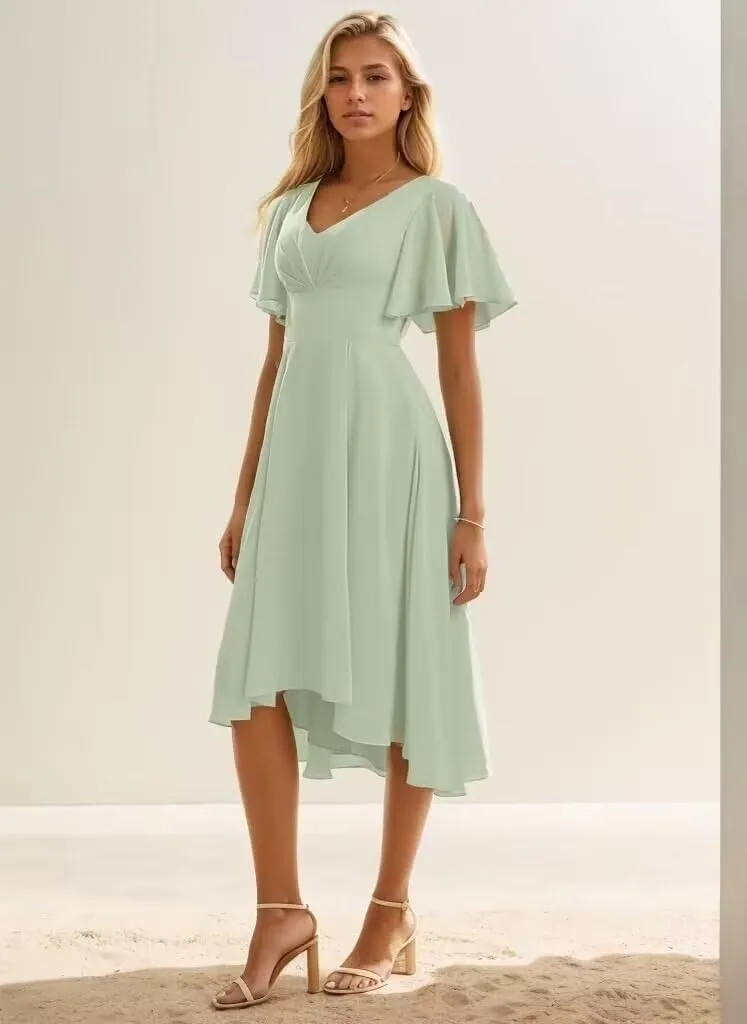 Tea Length Bridesmaid Dresses for Wedding High Low Chiffon Formal Evening Dresses for Women