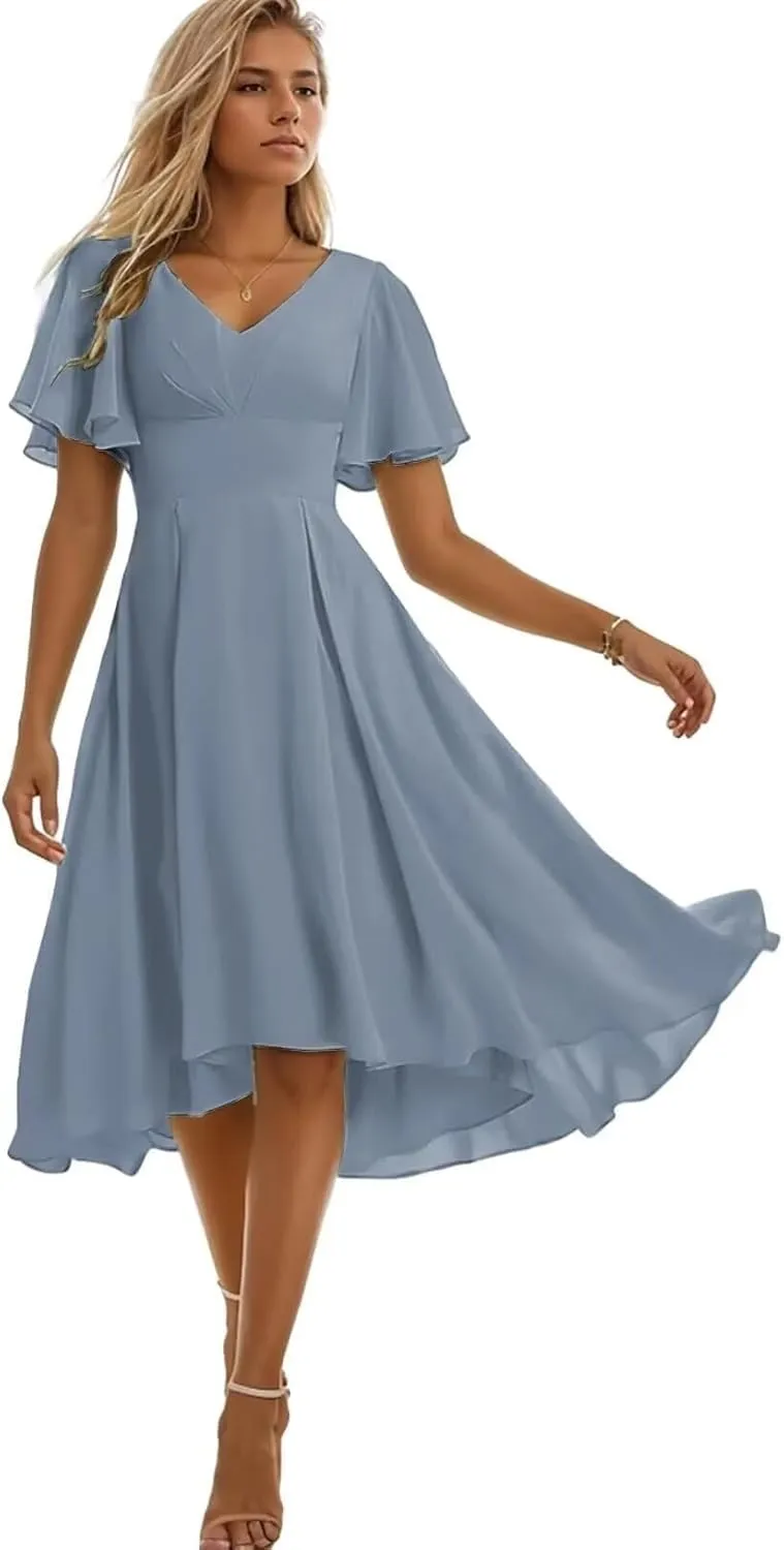 Tea Length Bridesmaid Dresses for Wedding High Low Chiffon Formal Evening Dresses for Women
