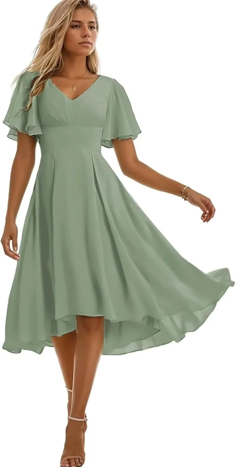 Tea Length Bridesmaid Dresses for Wedding High Low Chiffon Formal Evening Dresses for Women