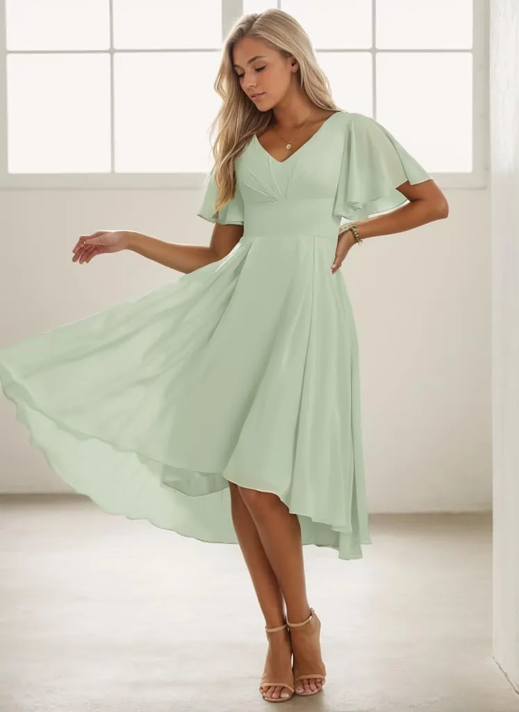 Tea Length Bridesmaid Dresses for Women High Low Formal Dress with Sleeves Chiffon Evening Gown