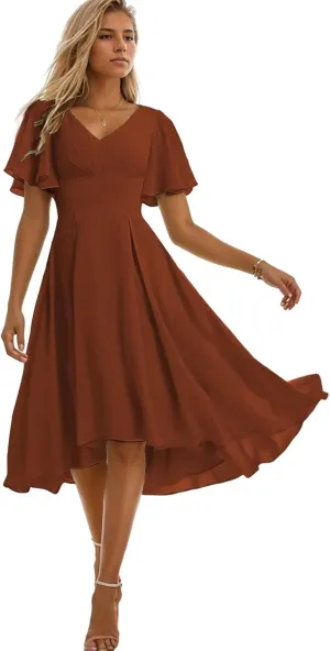 Tea Length Bridesmaid Dresses for Women High Low Formal Dress with Sleeves Chiffon Evening Gown