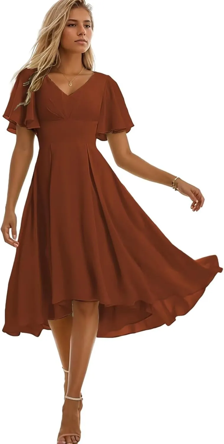 Tea Length Bridesmaid Dresses for Women High Low Formal Dress with Sleeves Chiffon Evening Gown