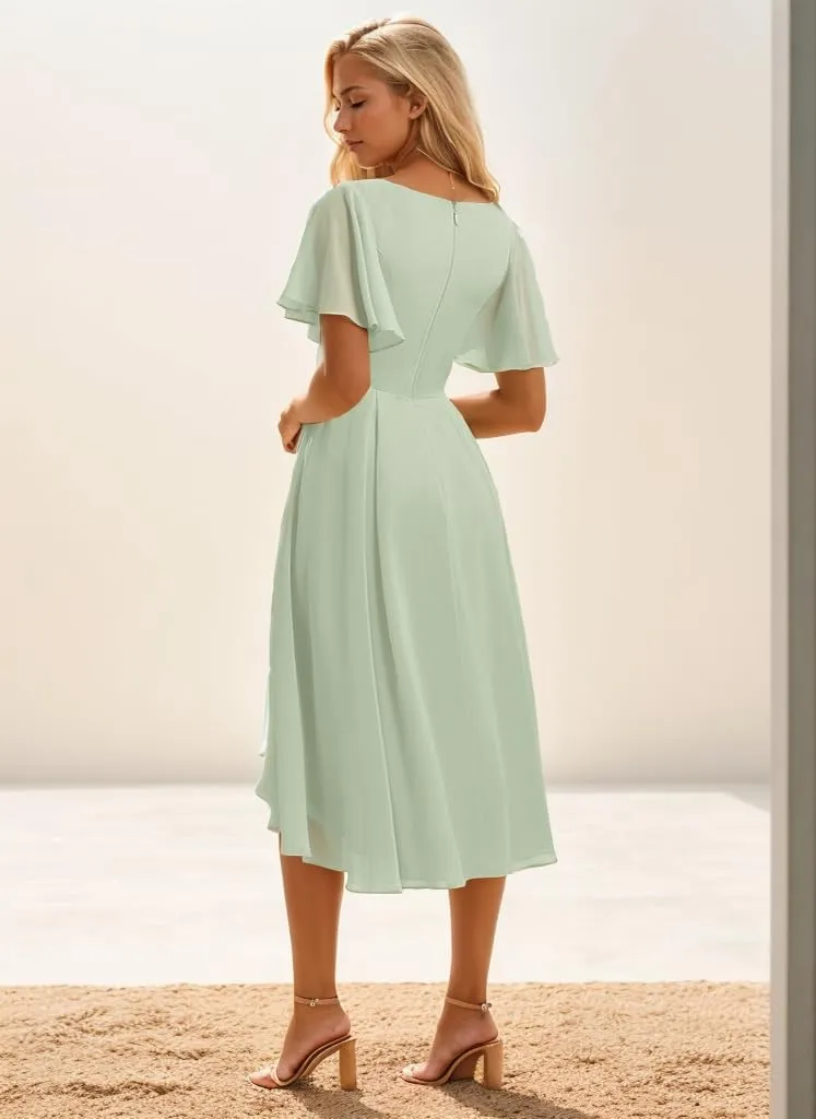 Tea Length Bridesmaid Dresses for Women High Low Formal Dress with Sleeves Chiffon Evening Gown