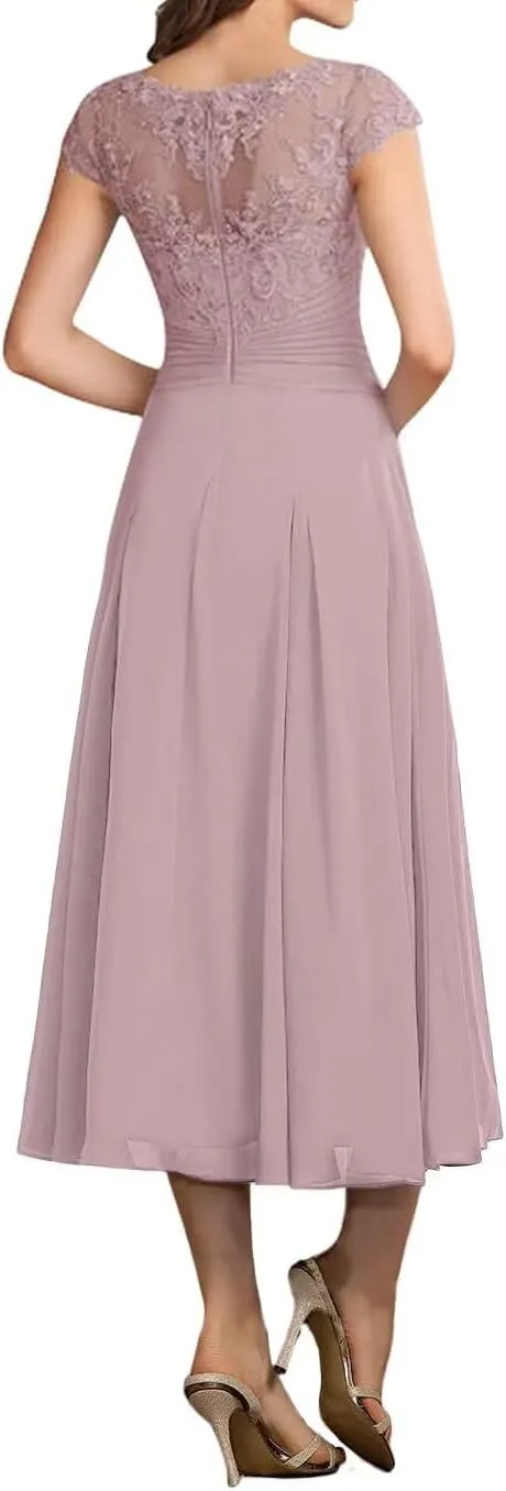Tea Length Mother of The Bride Dresses Lace Appliques Cap Sleeve Ruched Chiffon Wedding Guest Evening Dress