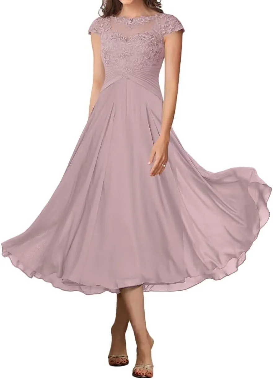 Tea Length Mother of The Bride Dresses Lace Appliques Cap Sleeve Ruched Chiffon Wedding Guest Evening Dress
