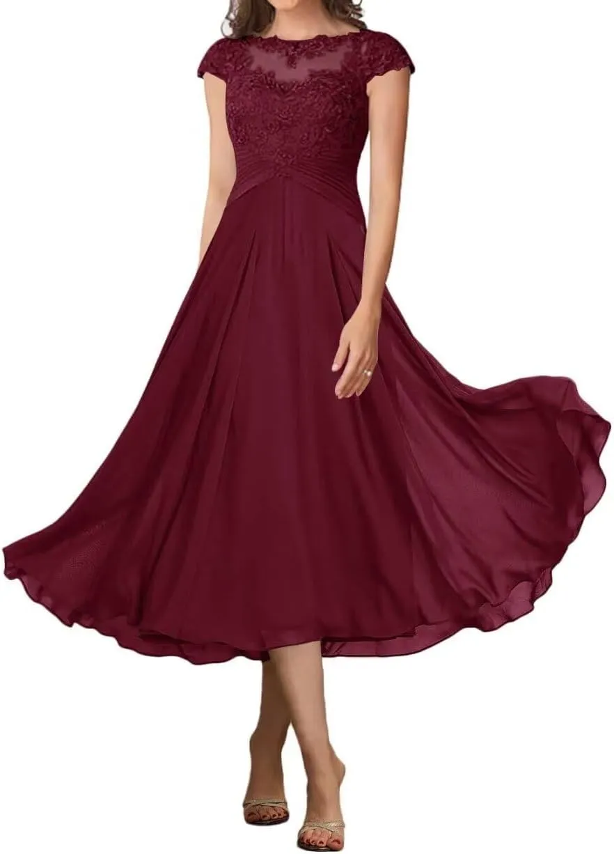 Tea Length Mother of The Bride Dresses Lace Appliques Cap Sleeve Ruched Chiffon Wedding Guest Evening Dress