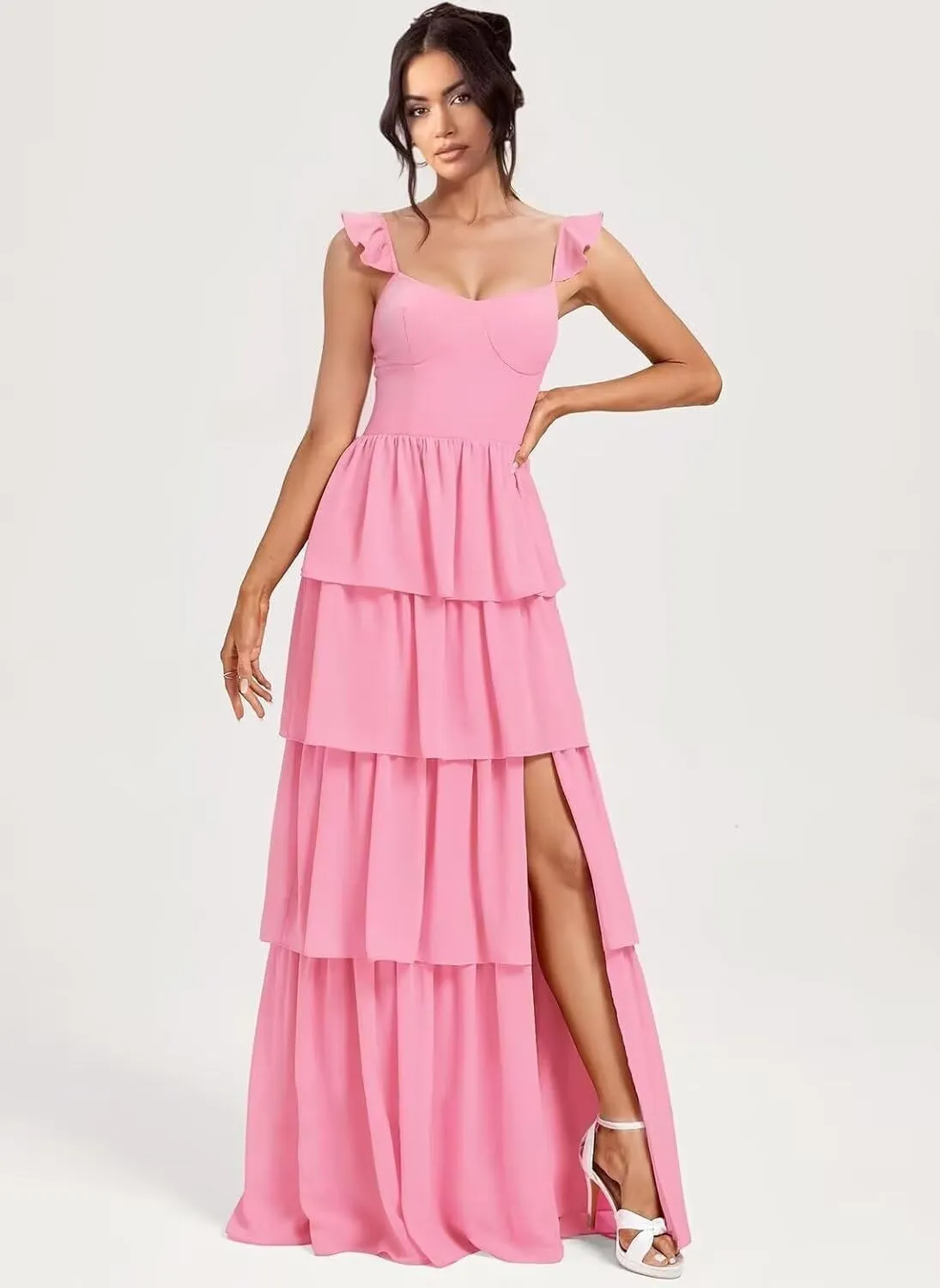 Tiered Bridesmaid Dresses for Women 2025 Chiffon Ruffles Formal Dresses with Slit IMC073