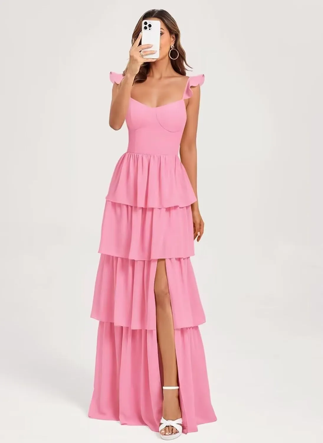 Tiered Bridesmaid Dresses for Women 2025 Chiffon Ruffles Formal Dresses with Slit IMC073