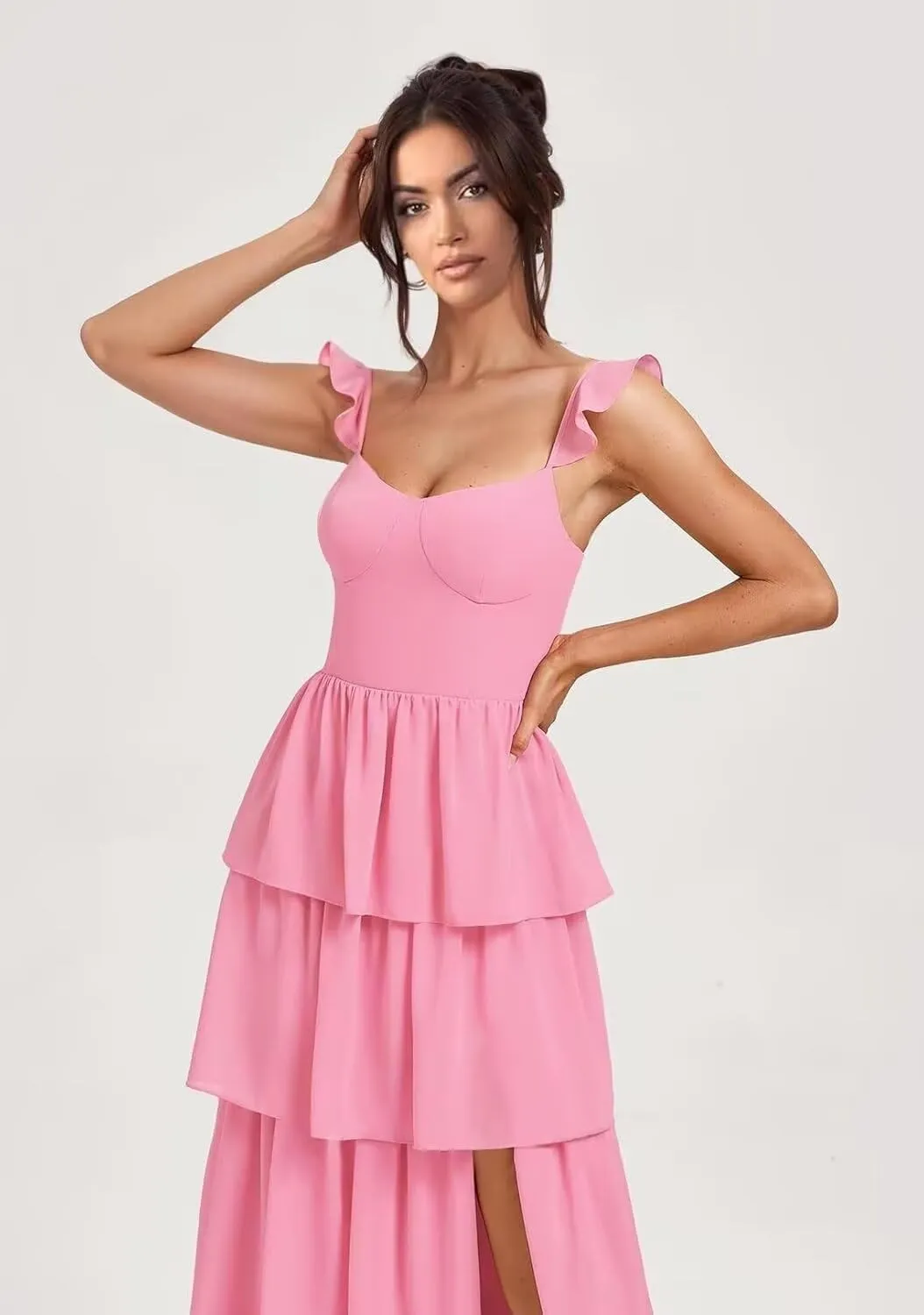 Tiered Bridesmaid Dresses for Women 2025 Chiffon Ruffles Formal Dresses with Slit IMC073