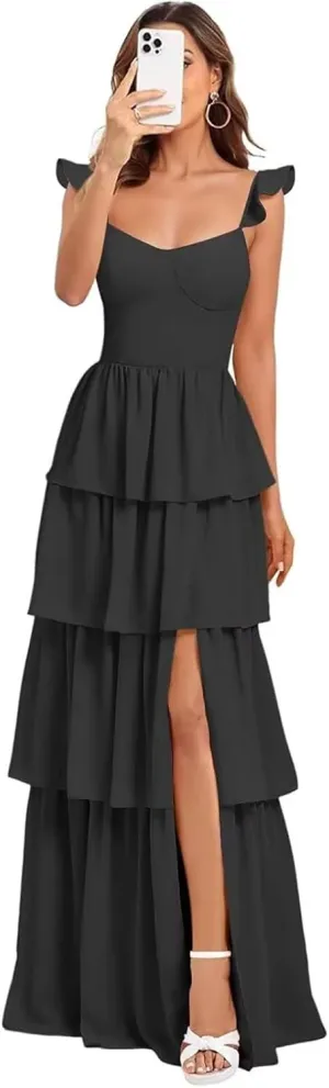 Tiered Bridesmaid Dresses for Women 2025 Chiffon Ruffles Formal Dresses with Slit IMC073