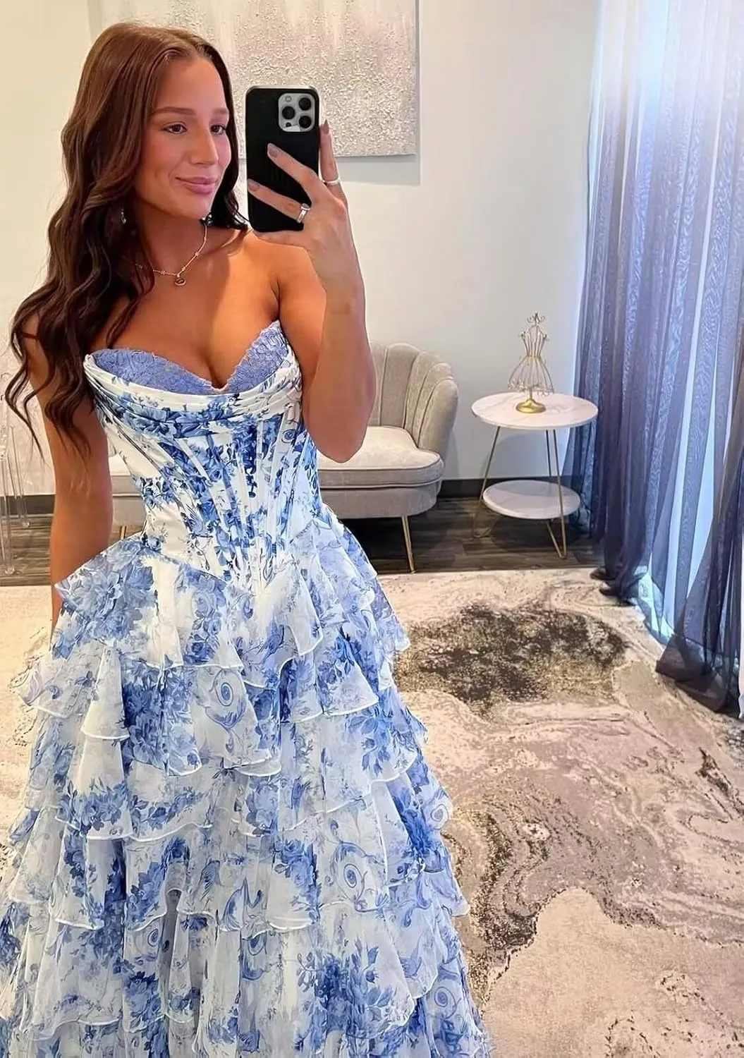 Tiered Floral Prom Dresses for Teens 2025 Corset Strapless Long Ruffle Formal Evening Gowns with Slit