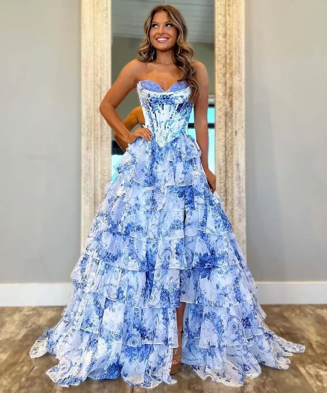 Tiered Floral Prom Dresses for Teens 2025 Corset Strapless Long Ruffle Formal Evening Gowns with Slit