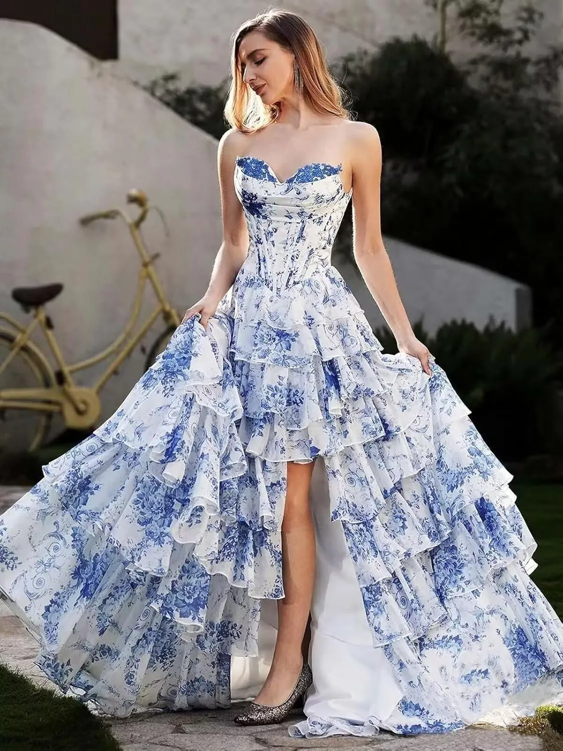 Tiered Floral Prom Dresses for Teens 2025 Corset Strapless Long Ruffle Formal Evening Gowns with Slit