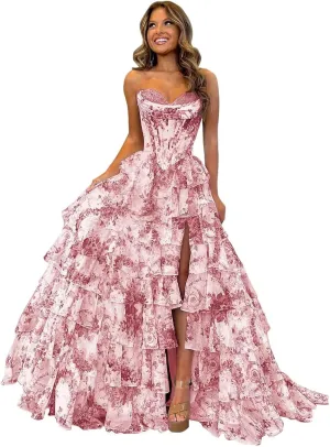 Tiered Floral Prom Dresses for Teens 2025 Corset Strapless Long Ruffle Formal Evening Gowns with Slit