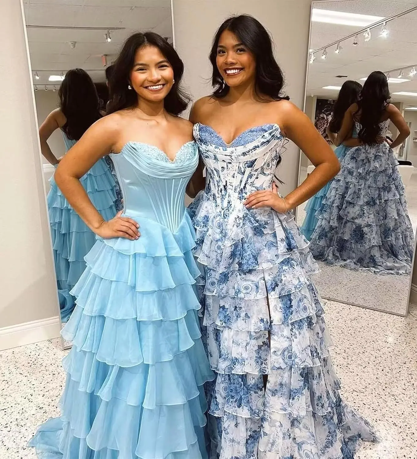 Tiered Floral Prom Dresses for Teens 2025 Corset Strapless Long Ruffle Formal Evening Gowns with Slit