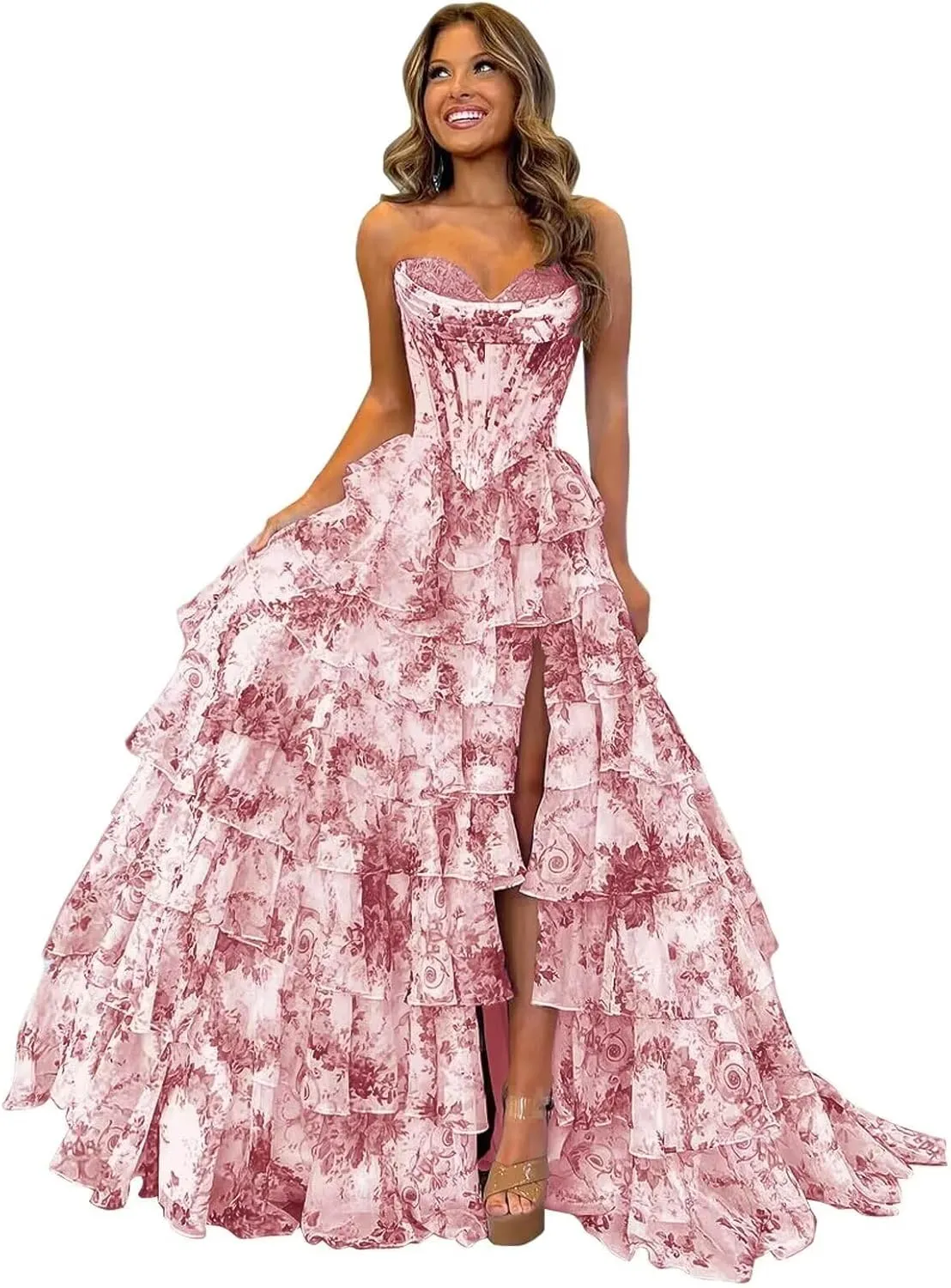 Tiered Floral Prom Dresses for Teens 2025 Corset Strapless Long Ruffle Formal Evening Gowns with Slit