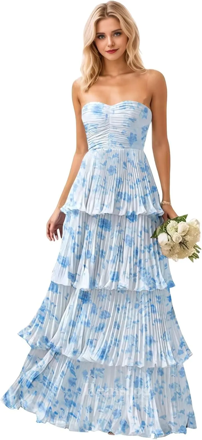 Tiered Ruffle Bridesmaid Dresses for Wedding Strapless Chiffon Prom Dresses Long Flowy Formal Evening Gowns for Women
