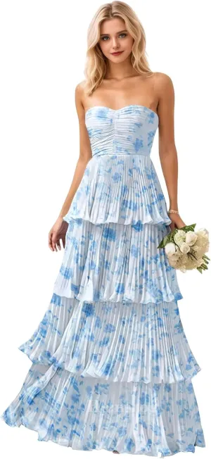 Tiered Ruffle Bridesmaid Dresses for Wedding Strapless Chiffon Prom Dresses Long Flowy Formal Evening Gowns for Women