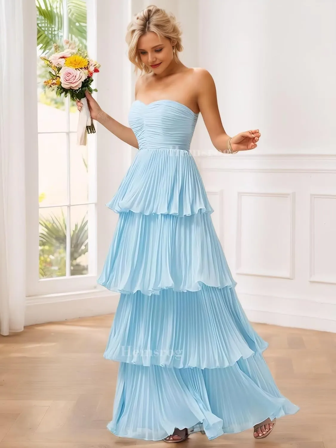 Tiered Ruffle Bridesmaid Dresses for Wedding Strapless Chiffon Prom Dresses Long Flowy Formal Evening Gowns for Women