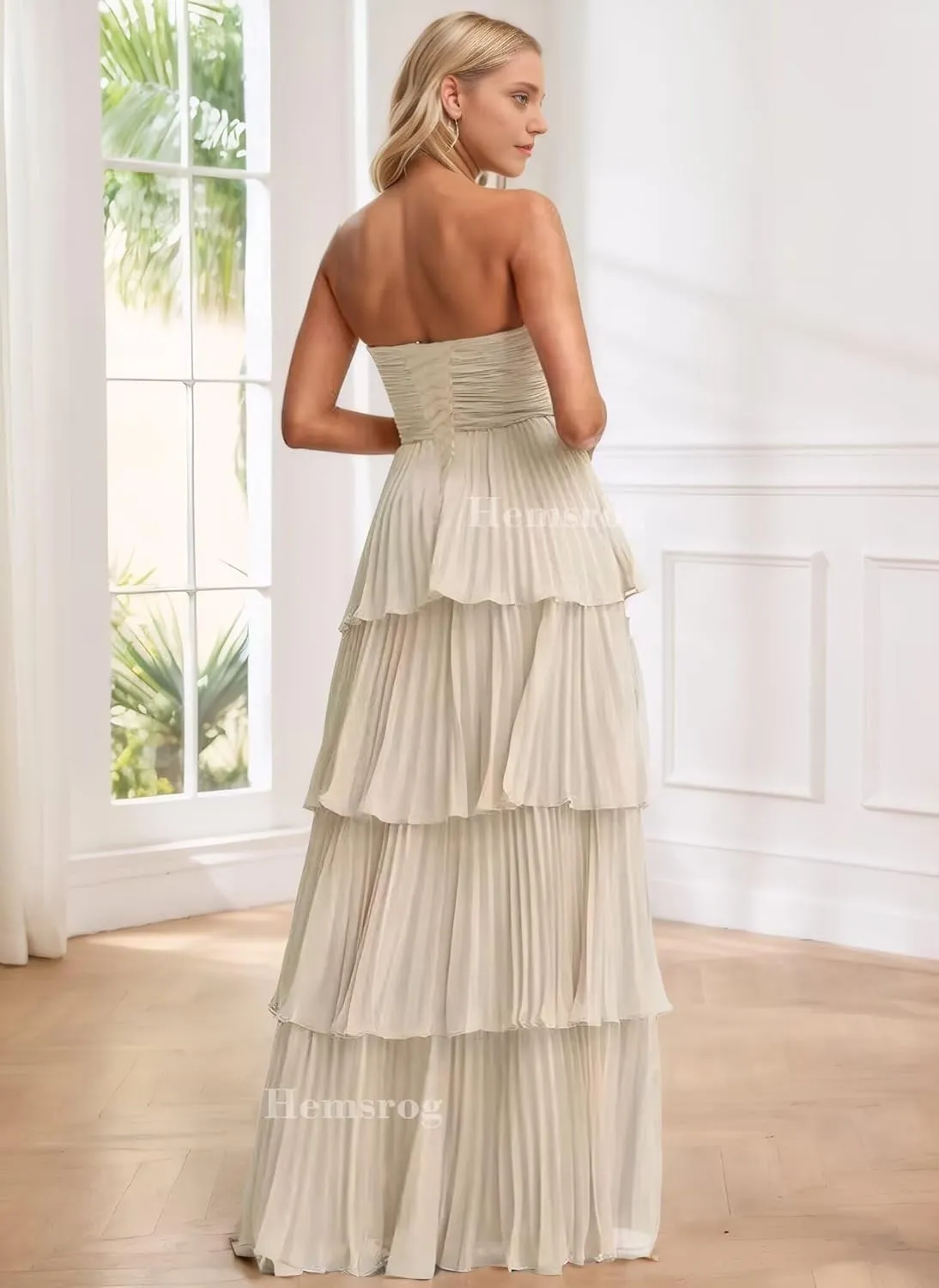 Tiered Ruffle Bridesmaid Dresses for Wedding Strapless Chiffon Prom Dresses Long Flowy Formal Evening Gowns for Women