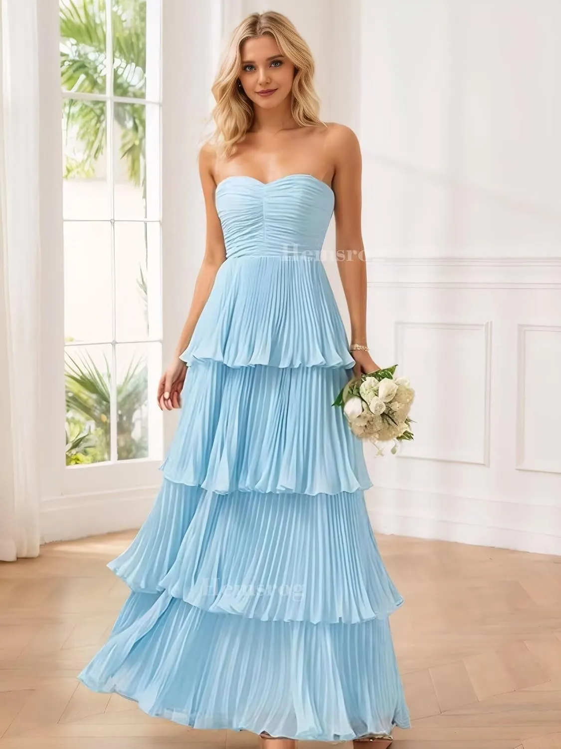 Tiered Ruffle Bridesmaid Dresses for Wedding Strapless Chiffon Prom Dresses Long Flowy Formal Evening Gowns for Women