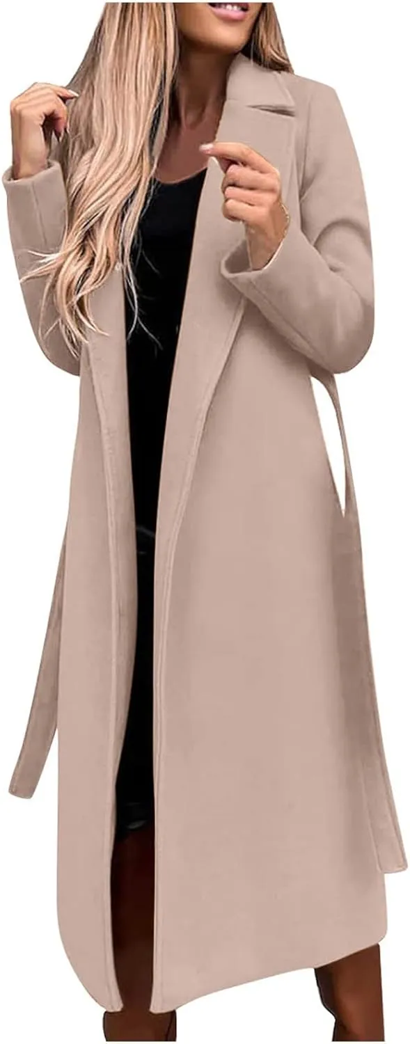 TIMIFIS Trench Coat for Women 2024 Plus Size Long Wool Jackets Winter Warm Overcoats Casual Open Front Cardigan with Belt