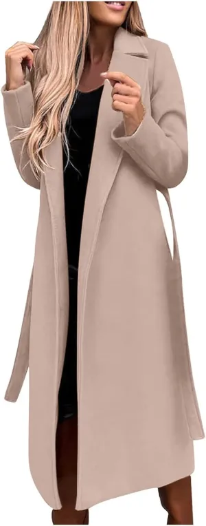 TIMIFIS Trench Coat for Women 2024 Plus Size Long Wool Jackets Winter Warm Overcoats Casual Open Front Cardigan with Belt