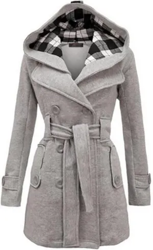 TIMIFIS Womens Trench Coats with Hood Plus Size Double Breasted Wool Jackets Plaid Warm Pea Coats with Belt Pockets